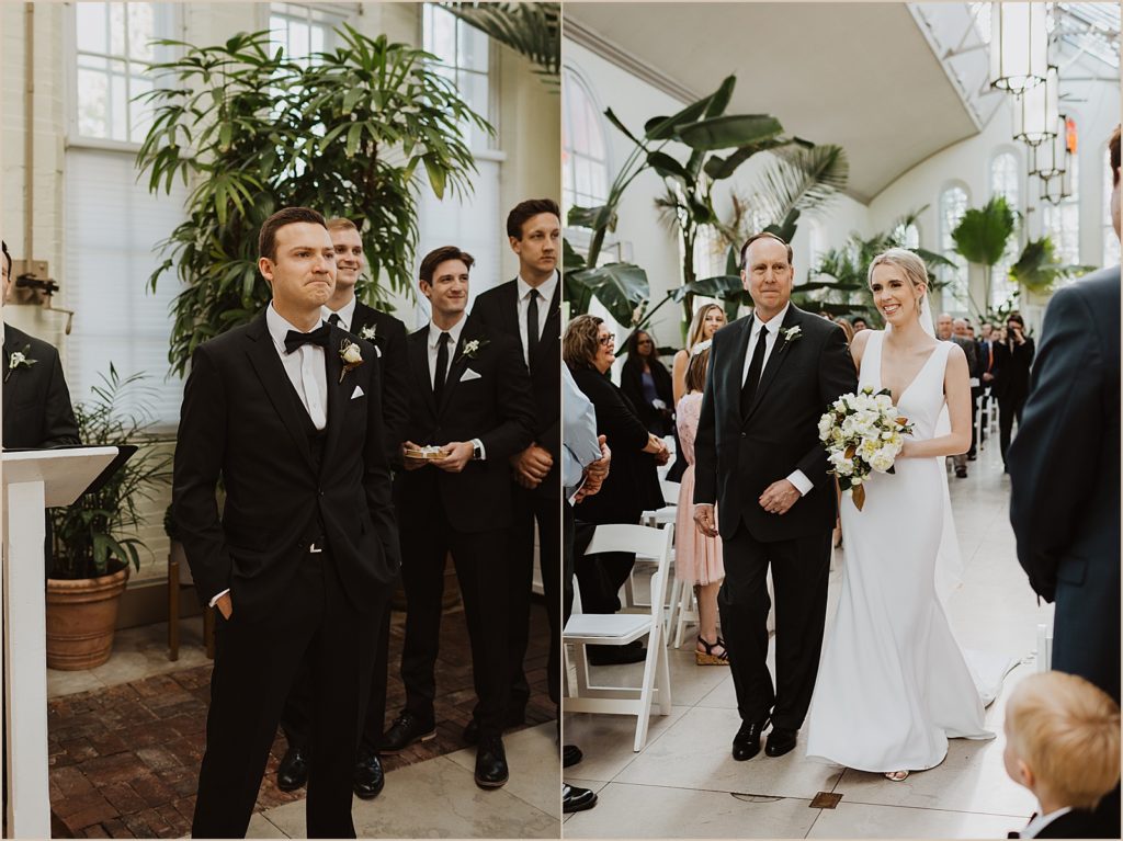 Piper Palm House Wedding | Bride Walking Down the Aisle to Emotional Groom
