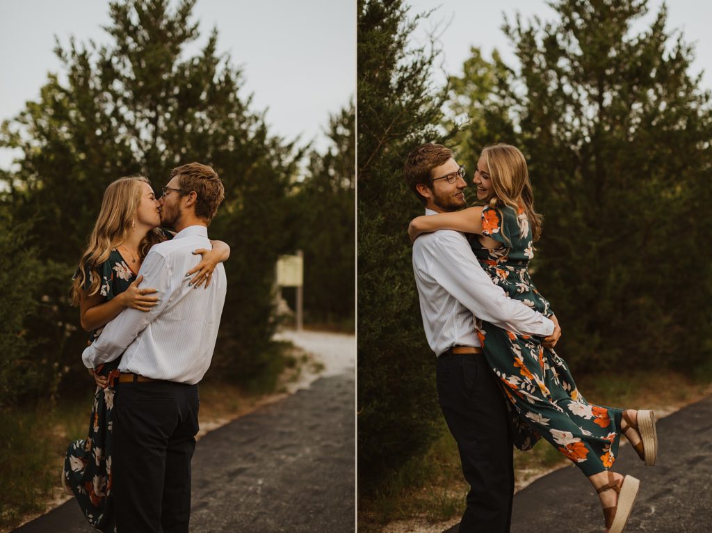 STL Engagement Photos | Couple twirling and kissing