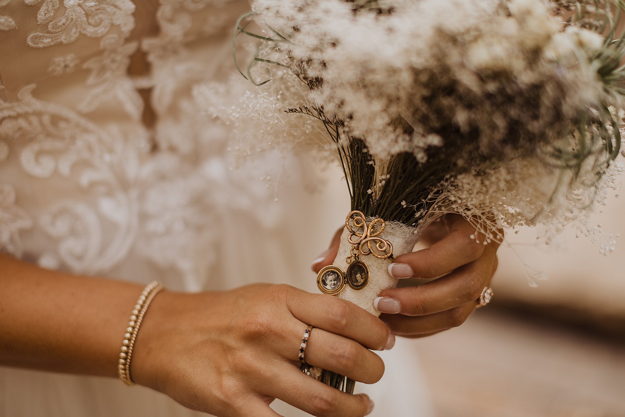 Bride with beautiful dried bouquet and Grandma's locket