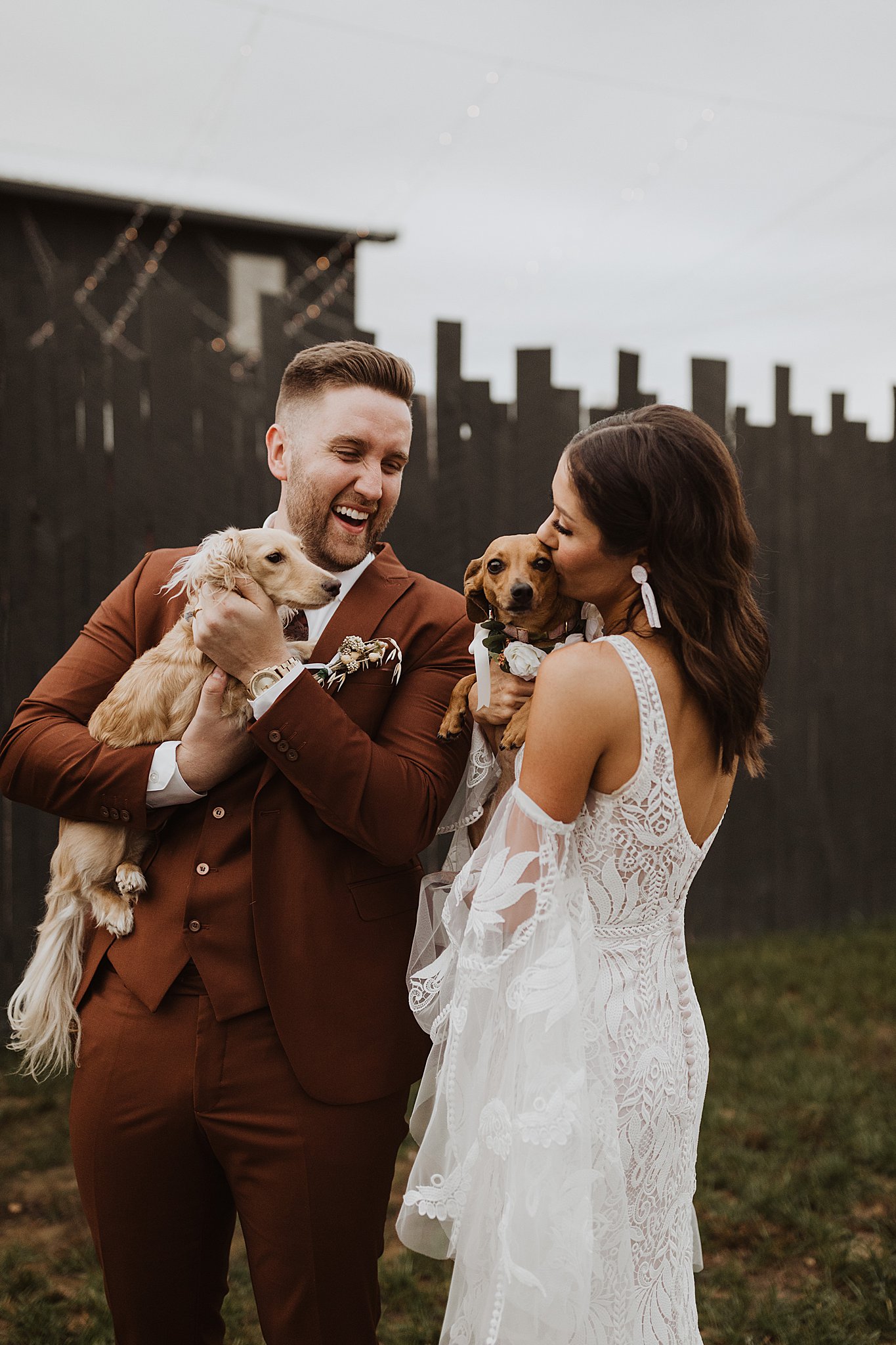 STL Wedding Photographer | Modern Boho Wedding | Bride and Groom with their Dogs